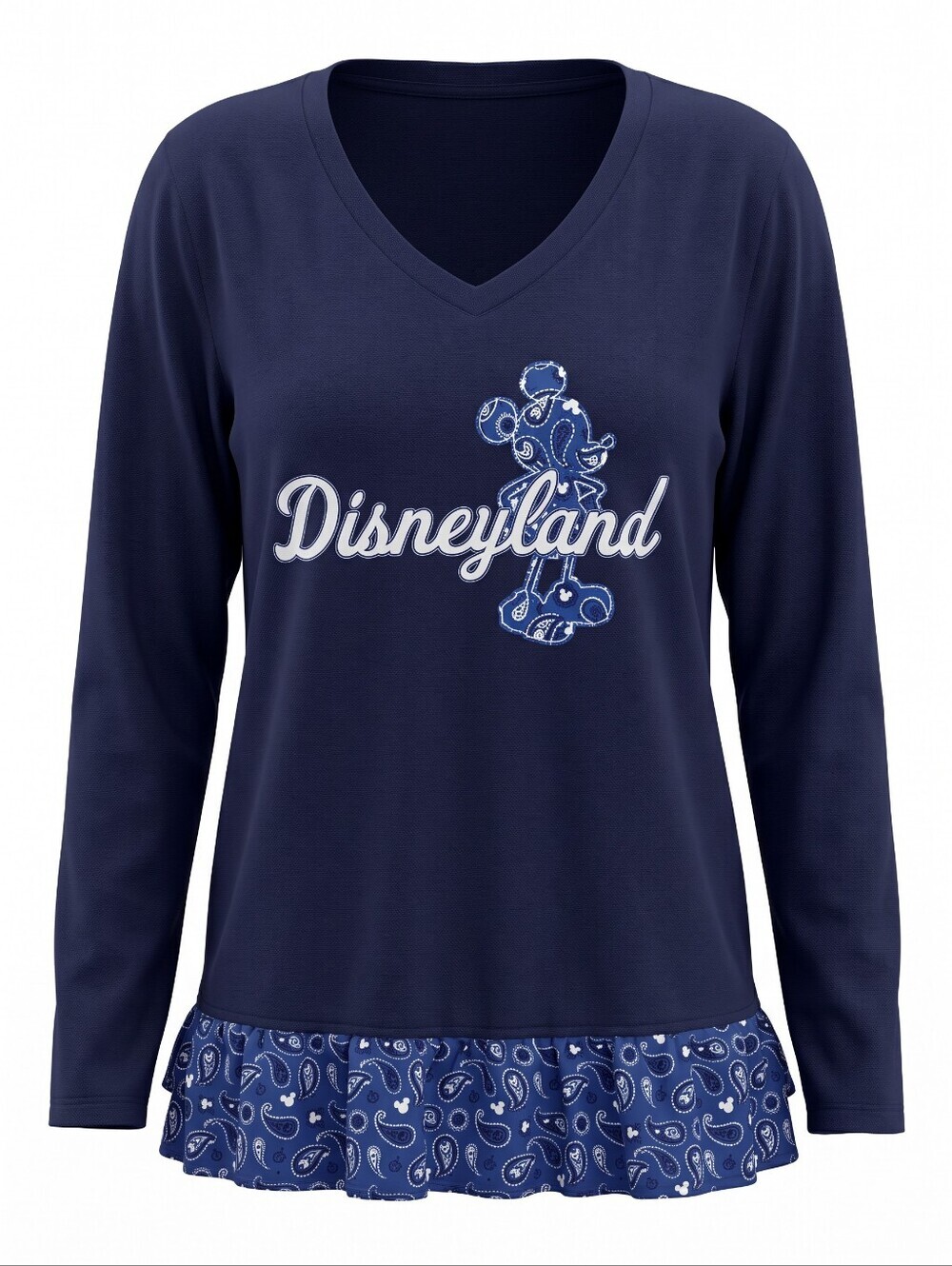Disney Navy Women's Sweater Mickey Mouse Ruffle Hem Vacation Travel Paisley